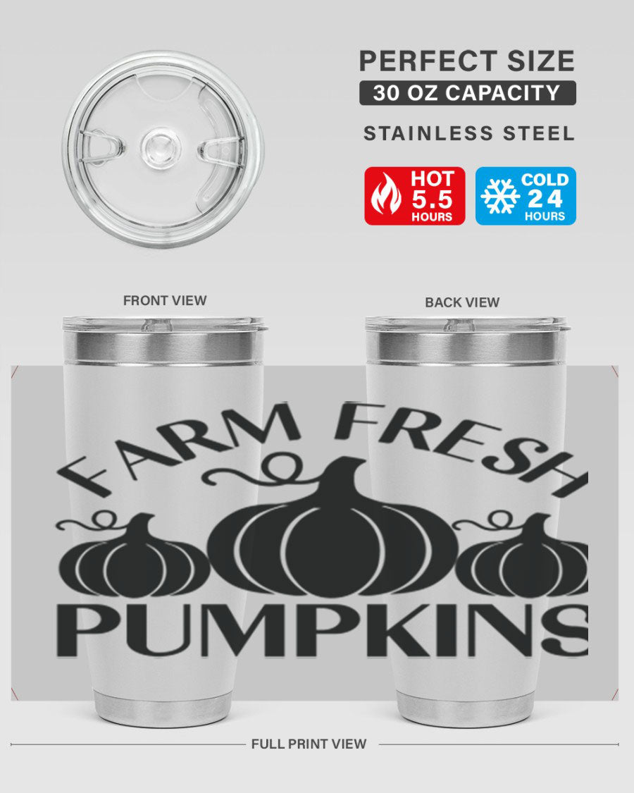 Farm Fresh Pumpkins 20oz tumbler featuring a vibrant pumpkin design, double wall vacuum stainless steel construction, and a drink-thru lid.