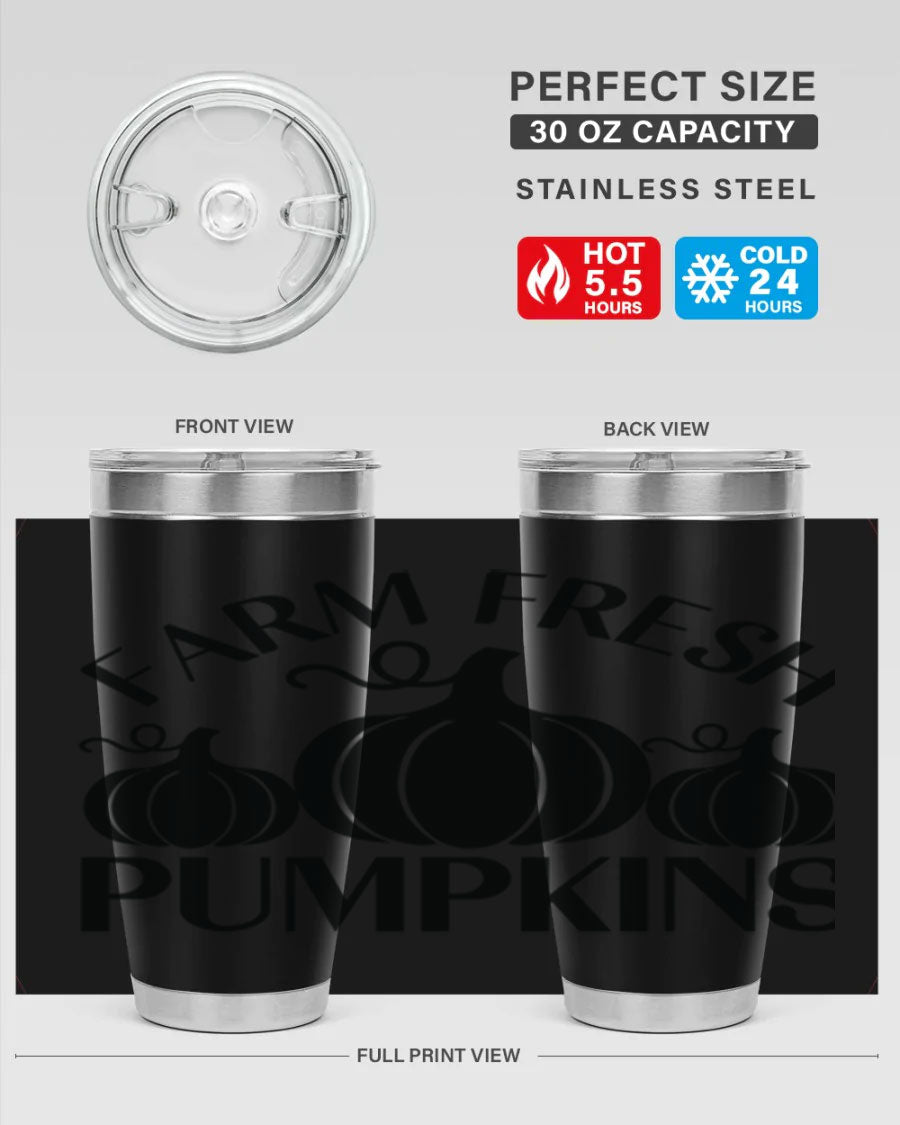 Farm Fresh Pumpkins 20oz tumbler featuring a vibrant pumpkin design, double wall vacuum stainless steel construction, and a drink-thru lid.