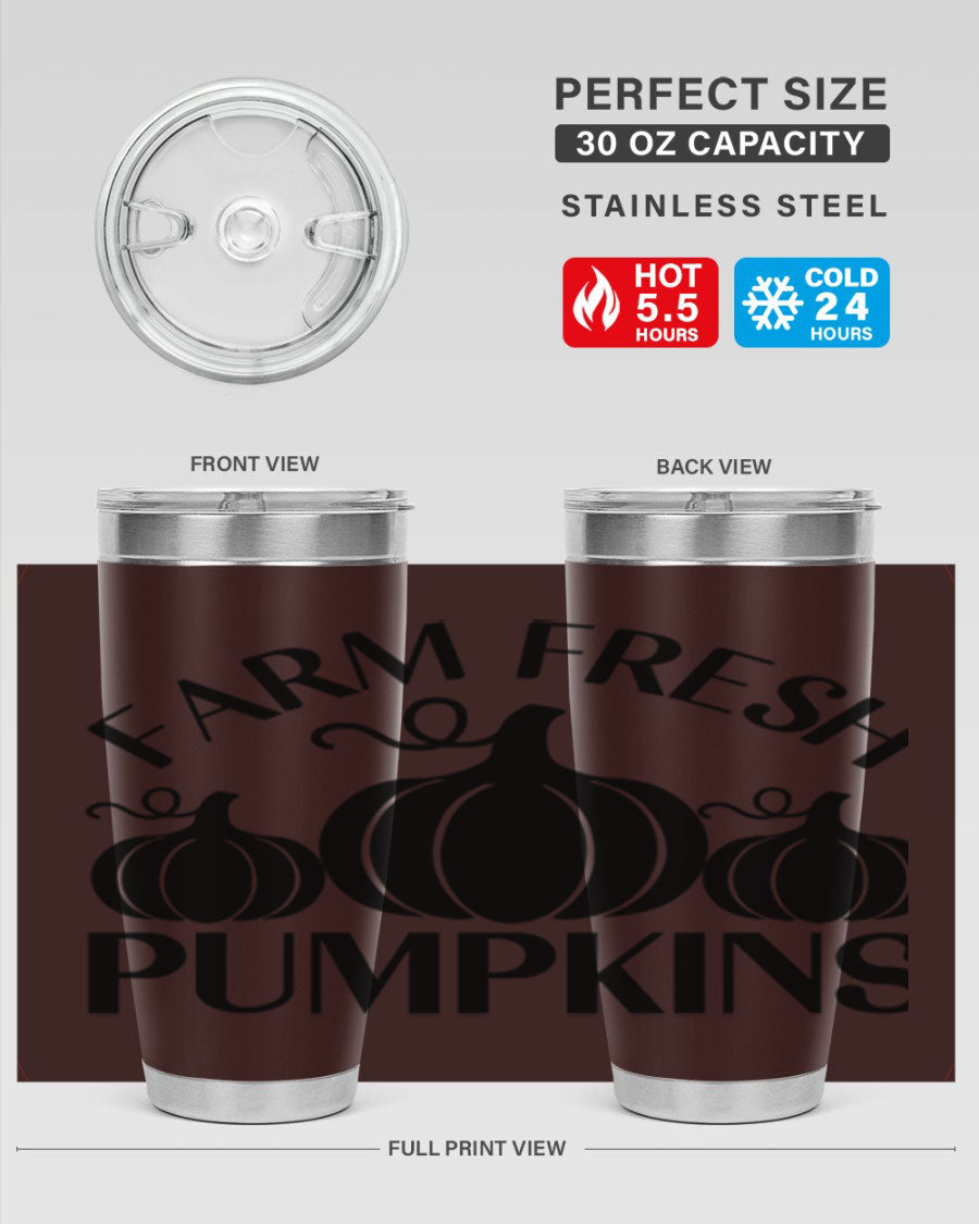 Farm Fresh Pumpkins 20oz tumbler featuring a vibrant pumpkin design, double wall vacuum stainless steel construction, and a drink-thru lid.