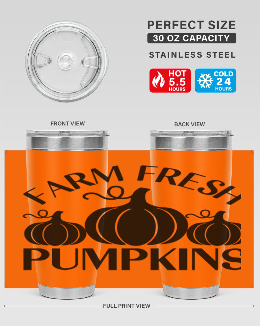 Farm Fresh Pumpkins 20oz tumbler featuring a vibrant pumpkin design, double wall vacuum stainless steel construction, and a drink-thru lid.