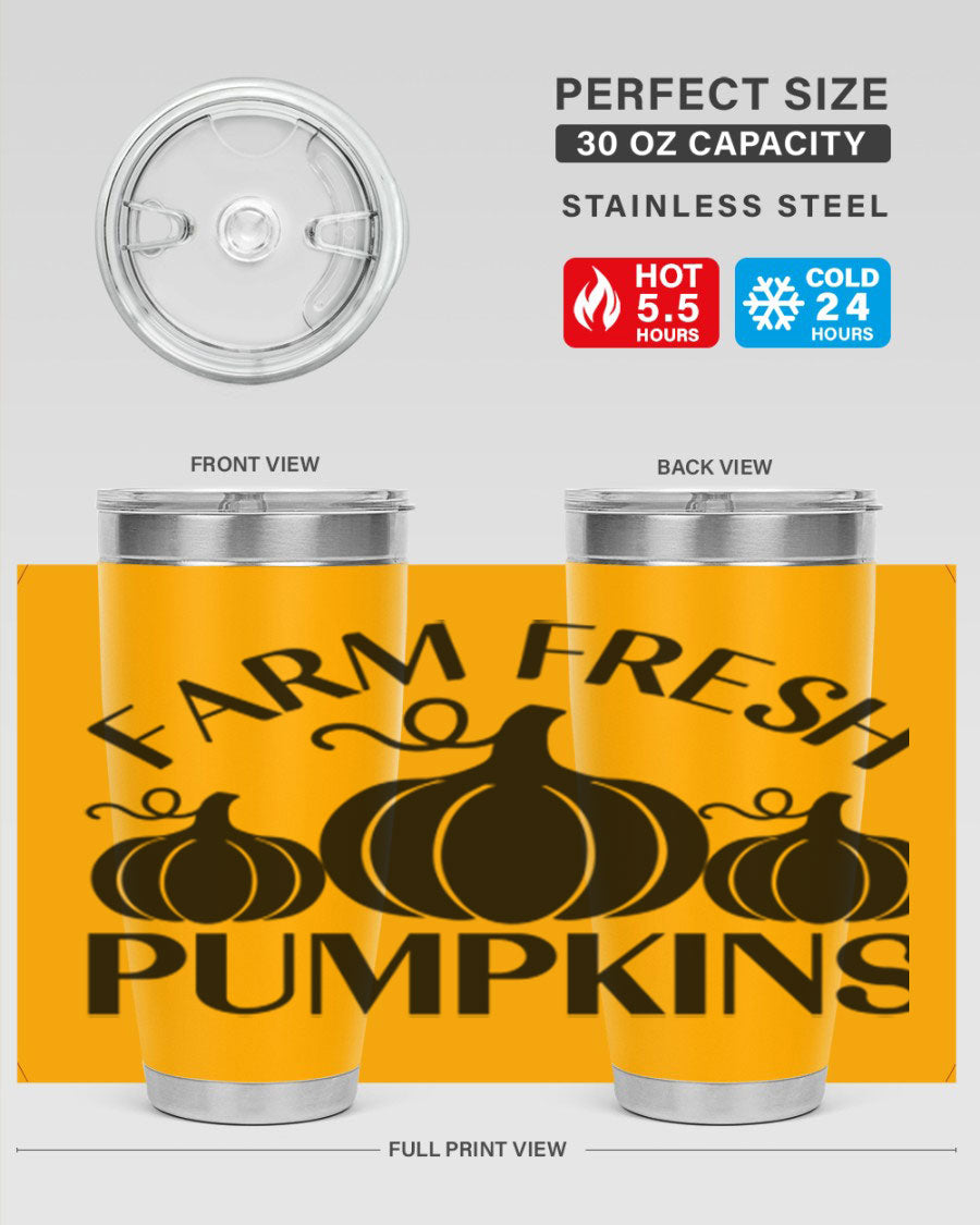 Farm Fresh Pumpkins 20oz tumbler featuring a vibrant pumpkin design, double wall vacuum stainless steel construction, and a drink-thru lid.