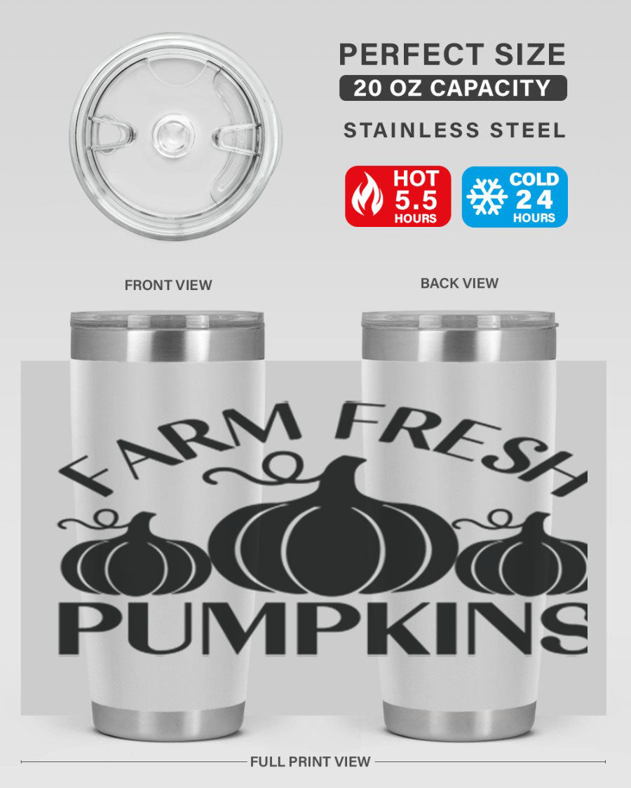 Farm Fresh Pumpkins 20oz tumbler featuring a vibrant pumpkin design, double wall vacuum stainless steel construction, and a drink-thru lid.