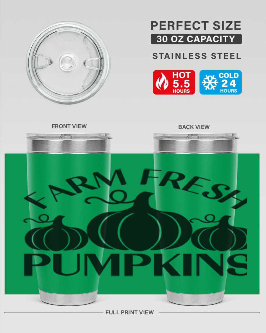 Farm Fresh Pumpkins 20oz tumbler featuring a vibrant pumpkin design, double wall vacuum stainless steel construction, and a drink-thru lid.