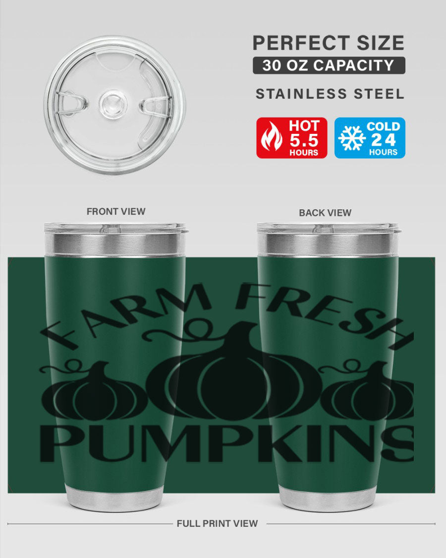 Farm Fresh Pumpkins 20oz tumbler featuring a vibrant pumpkin design, double wall vacuum stainless steel construction, and a drink-thru lid.