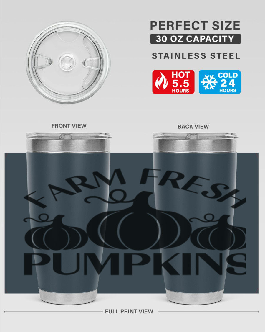 Farm Fresh Pumpkins 20oz tumbler featuring a vibrant pumpkin design, double wall vacuum stainless steel construction, and a drink-thru lid.