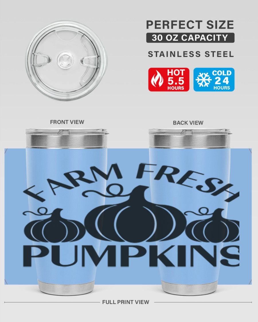 Farm Fresh Pumpkins 20oz tumbler featuring a vibrant pumpkin design, double wall vacuum stainless steel construction, and a drink-thru lid.