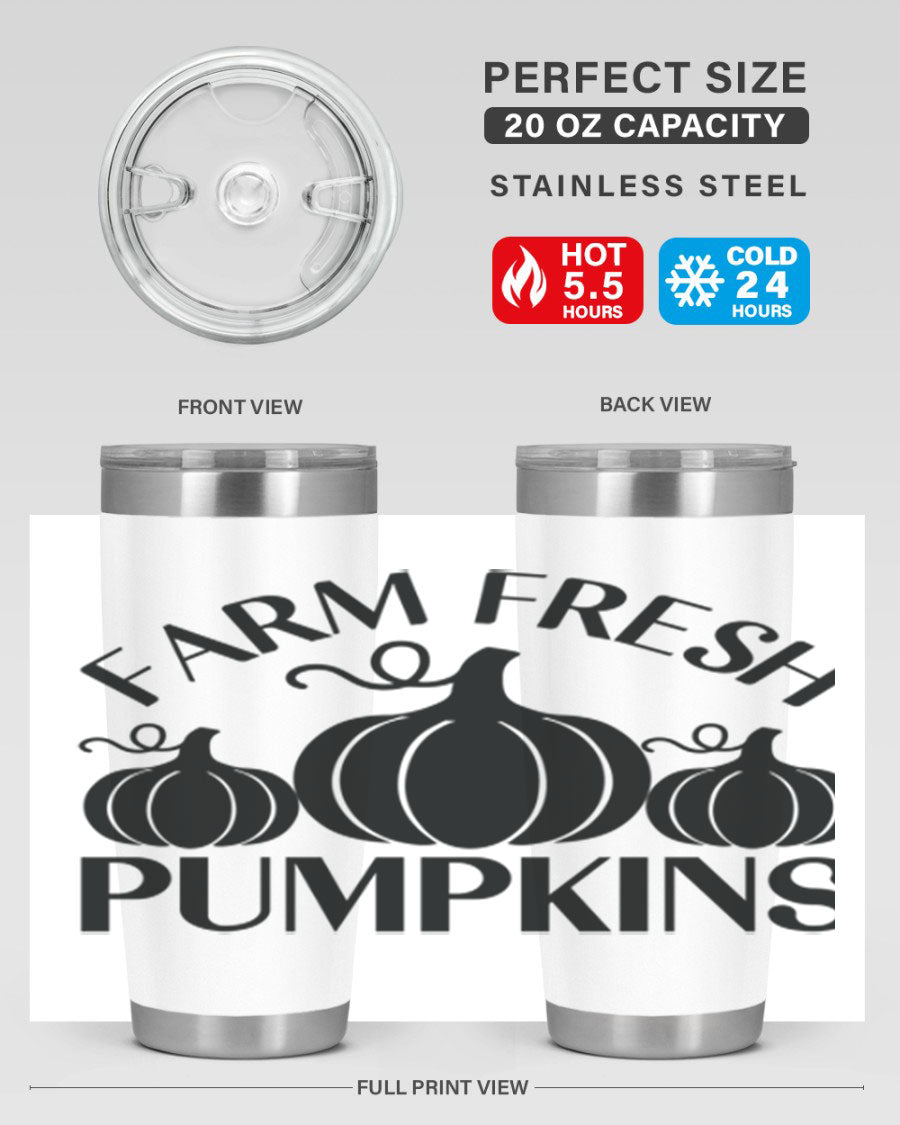Farm Fresh Pumpkins 20oz tumbler featuring a vibrant pumpkin design, double wall vacuum stainless steel construction, and a drink-thru lid.