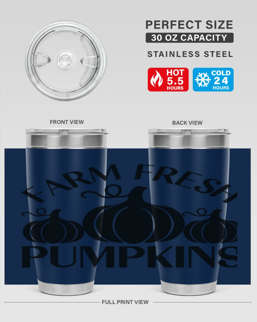 Farm Fresh Pumpkins 20oz tumbler featuring a vibrant pumpkin design, double wall vacuum stainless steel construction, and a drink-thru lid.