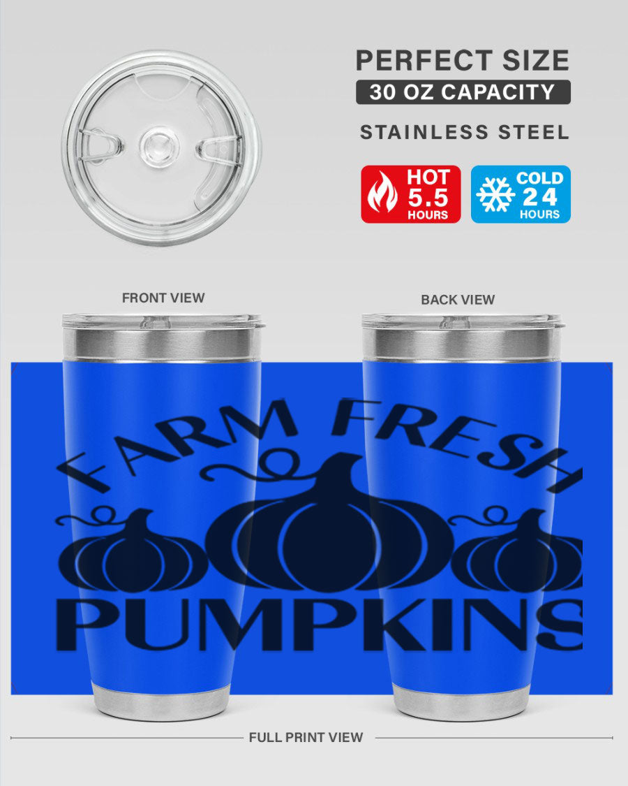 Farm Fresh Pumpkins 20oz tumbler featuring a vibrant pumpkin design, double wall vacuum stainless steel construction, and a drink-thru lid.