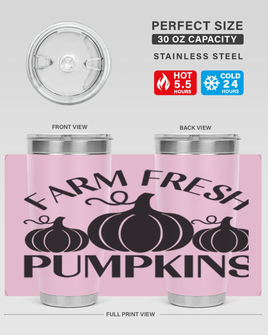 Farm Fresh Pumpkins 20oz tumbler featuring a vibrant pumpkin design, double wall vacuum stainless steel construction, and a drink-thru lid.