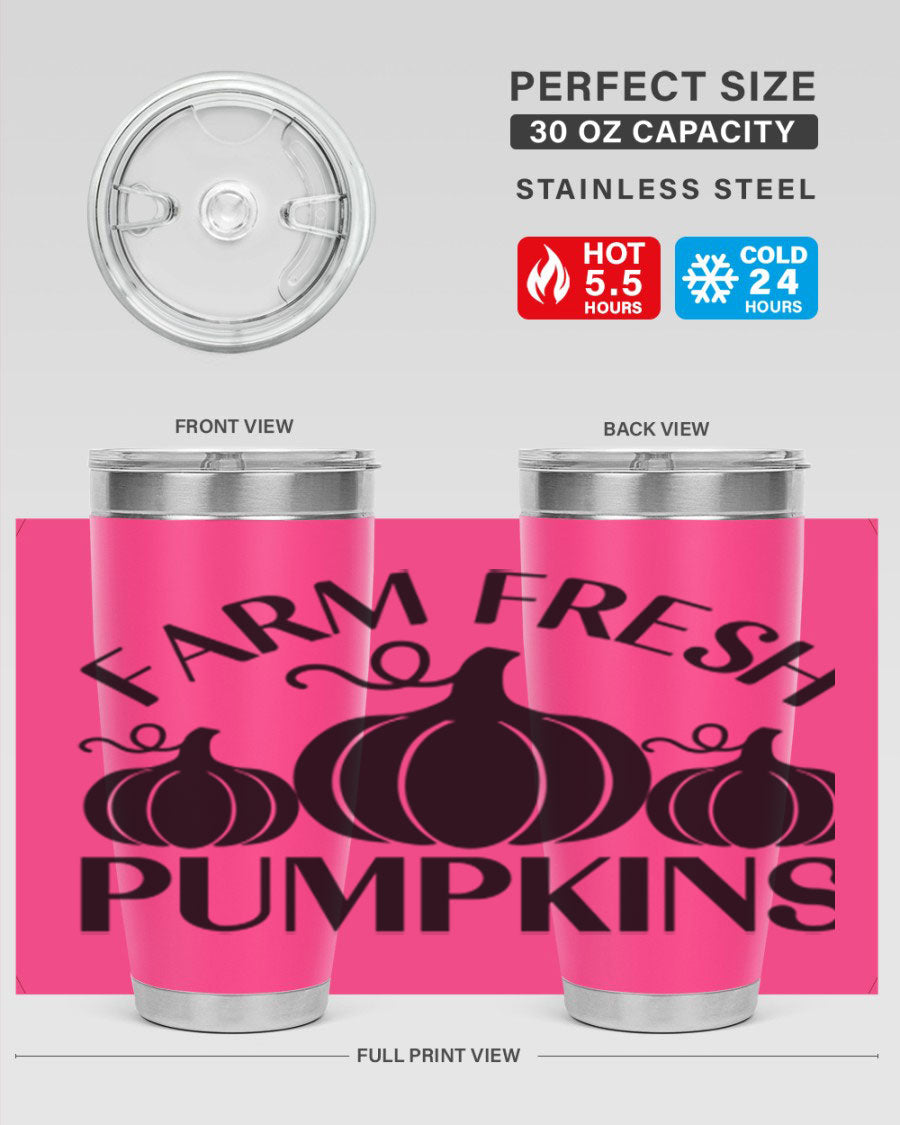 Farm Fresh Pumpkins 20oz tumbler featuring a vibrant pumpkin design, double wall vacuum stainless steel construction, and a drink-thru lid.