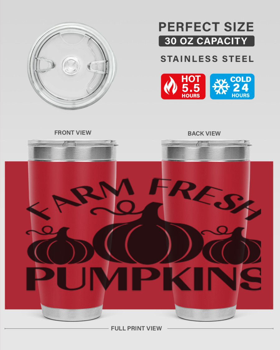 Farm Fresh Pumpkins 20oz tumbler featuring a vibrant pumpkin design, double wall vacuum stainless steel construction, and a drink-thru lid.