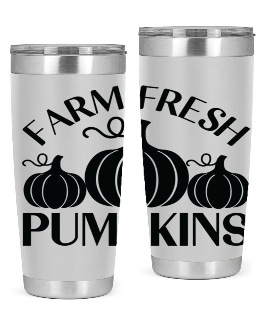 Farm Fresh Pumpkins 20oz tumbler featuring a vibrant pumpkin design, double wall vacuum stainless steel construction, and a drink-thru lid.