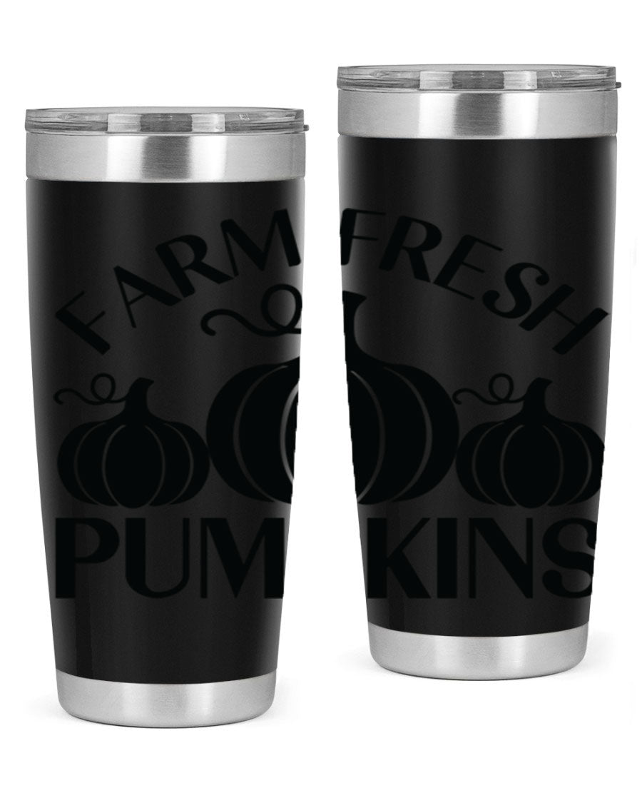 Farm Fresh Pumpkins 20oz tumbler featuring a vibrant pumpkin design, double wall vacuum stainless steel construction, and a drink-thru lid.