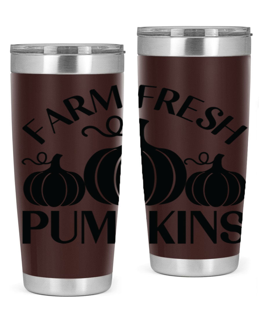 Farm Fresh Pumpkins 20oz tumbler featuring a vibrant pumpkin design, double wall vacuum stainless steel construction, and a drink-thru lid.