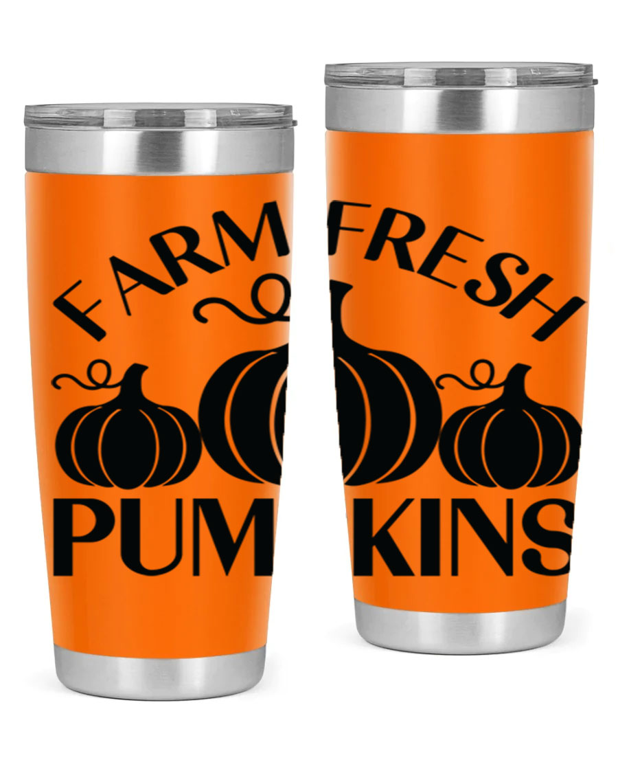 Farm Fresh Pumpkins 20oz tumbler featuring a vibrant pumpkin design, double wall vacuum stainless steel construction, and a drink-thru lid.