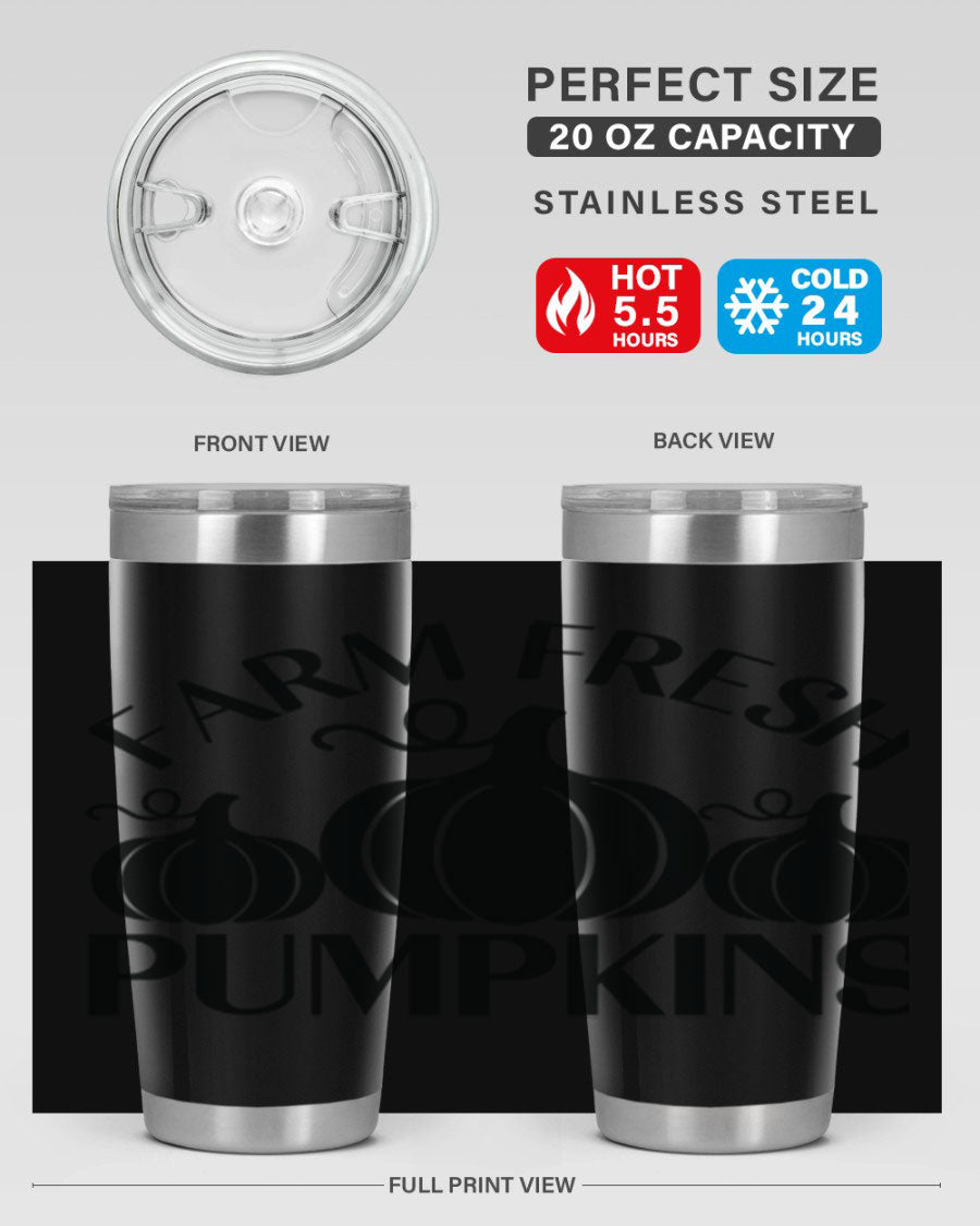 Farm Fresh Pumpkins 20oz tumbler featuring a vibrant pumpkin design, double wall vacuum stainless steel construction, and a drink-thru lid.