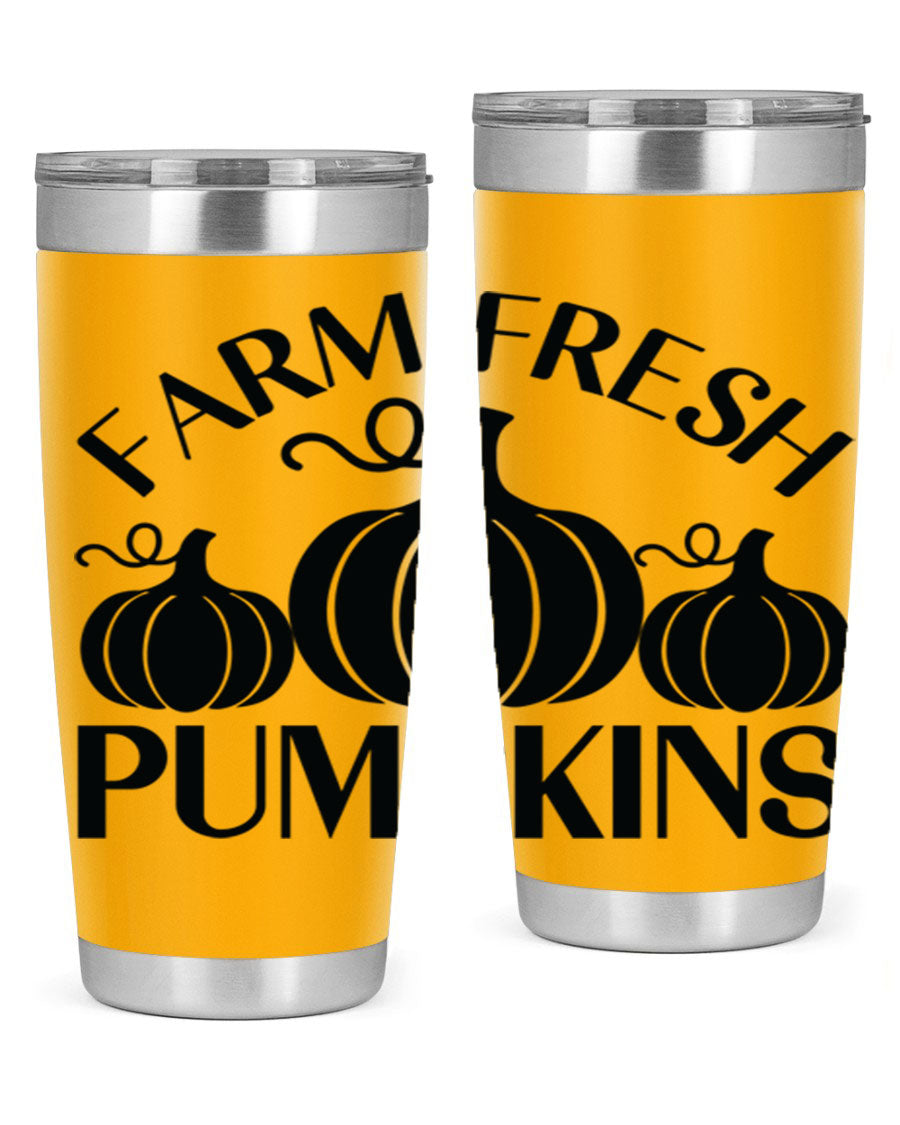 Farm Fresh Pumpkins 20oz tumbler featuring a vibrant pumpkin design, double wall vacuum stainless steel construction, and a drink-thru lid.