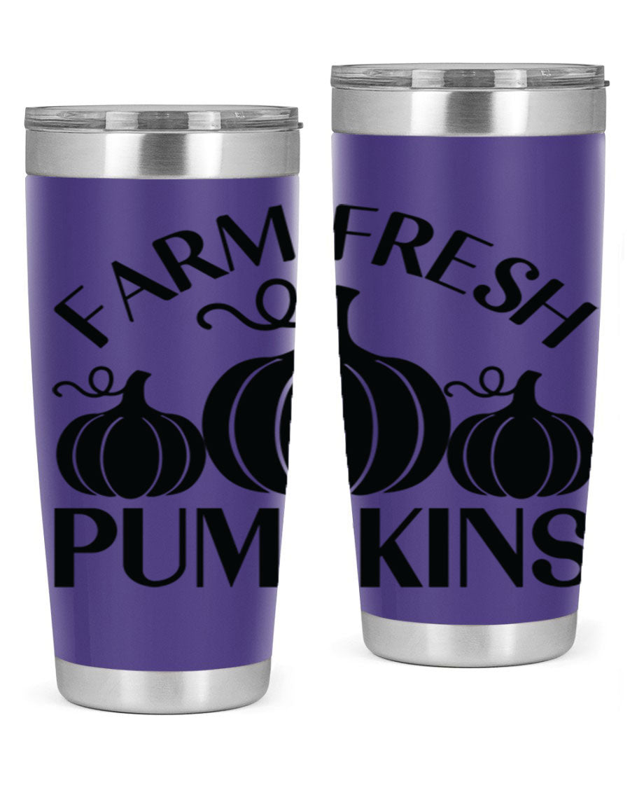 Farm Fresh Pumpkins 20oz tumbler featuring a vibrant pumpkin design, double wall vacuum stainless steel construction, and a drink-thru lid.