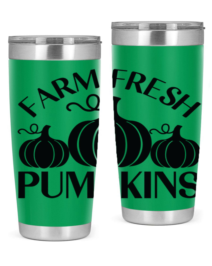 Farm Fresh Pumpkins 20oz tumbler featuring a vibrant pumpkin design, double wall vacuum stainless steel construction, and a drink-thru lid.