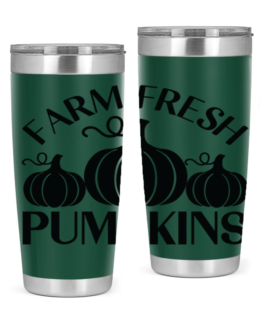 Farm Fresh Pumpkins 20oz tumbler featuring a vibrant pumpkin design, double wall vacuum stainless steel construction, and a drink-thru lid.