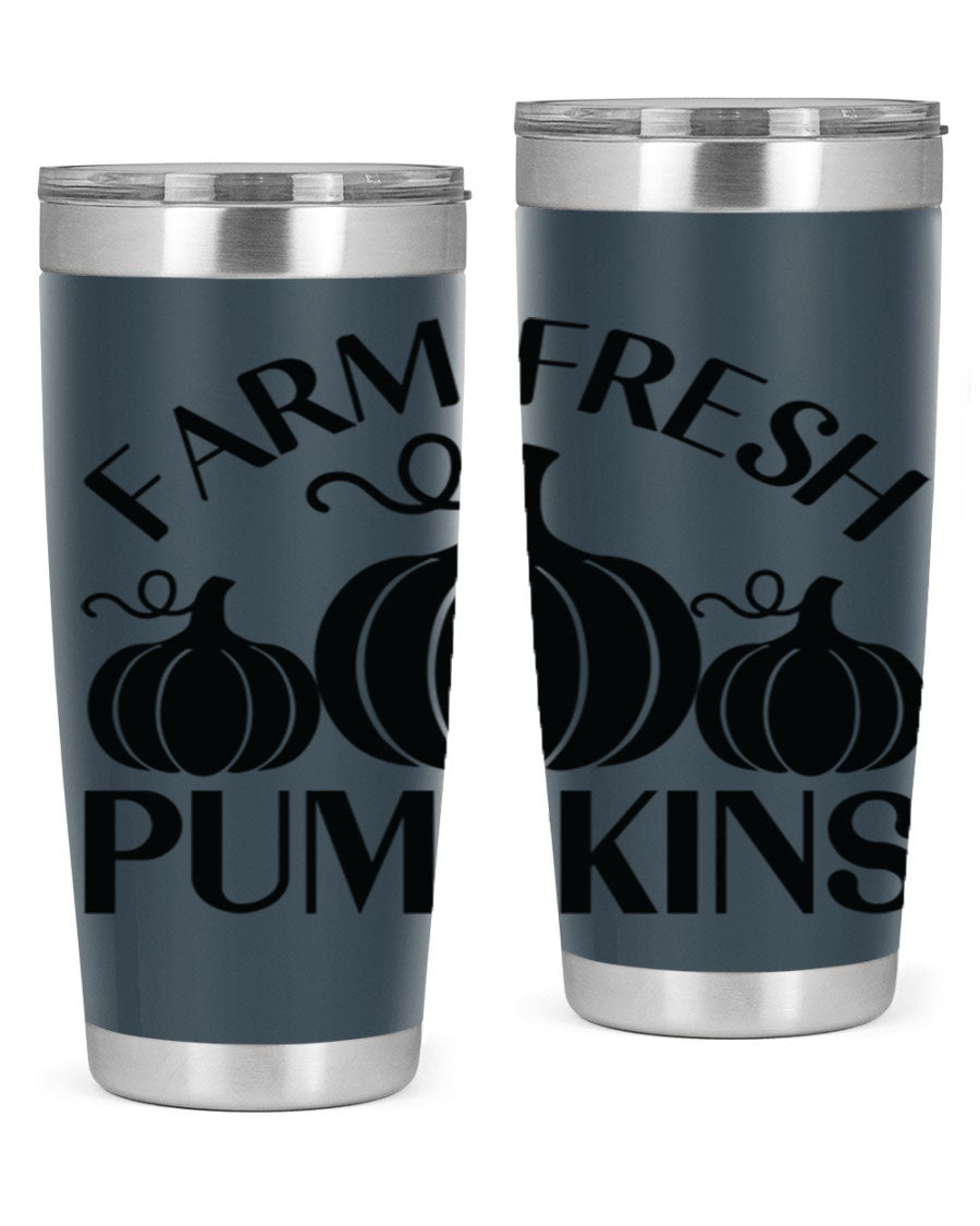 Farm Fresh Pumpkins 20oz tumbler featuring a vibrant pumpkin design, double wall vacuum stainless steel construction, and a drink-thru lid.
