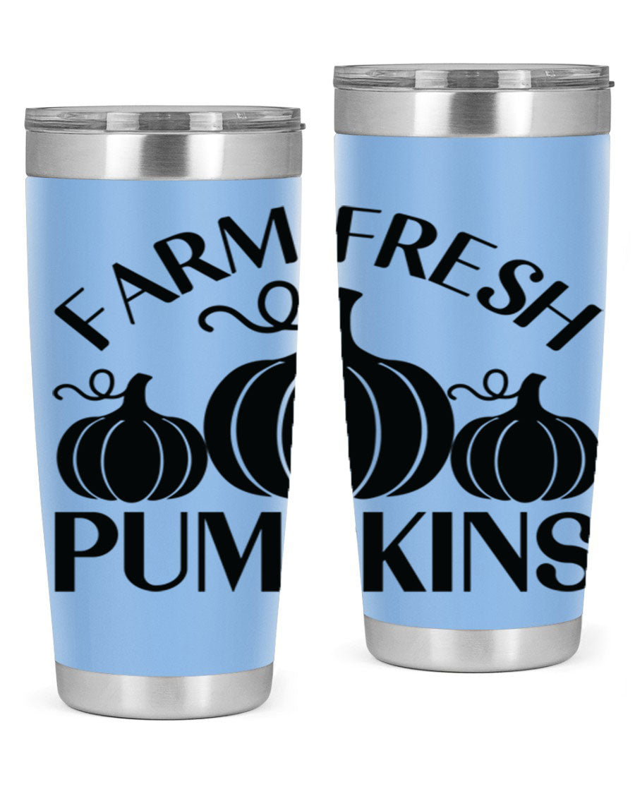 Farm Fresh Pumpkins 20oz tumbler featuring a vibrant pumpkin design, double wall vacuum stainless steel construction, and a drink-thru lid.