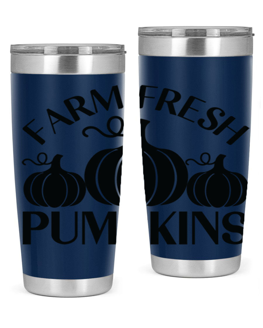 Farm Fresh Pumpkins 20oz tumbler featuring a vibrant pumpkin design, double wall vacuum stainless steel construction, and a drink-thru lid.