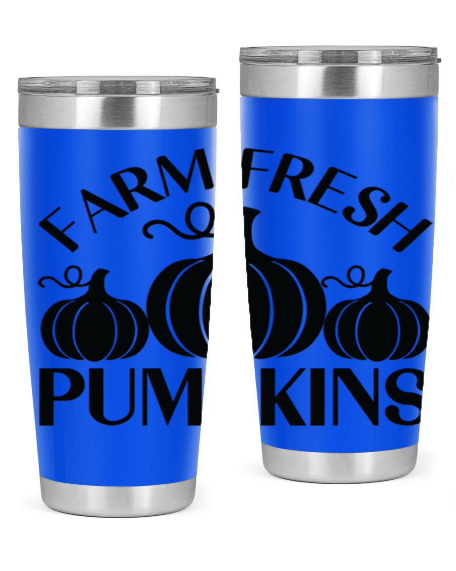 Farm Fresh Pumpkins 20oz tumbler featuring a vibrant pumpkin design, double wall vacuum stainless steel construction, and a drink-thru lid.