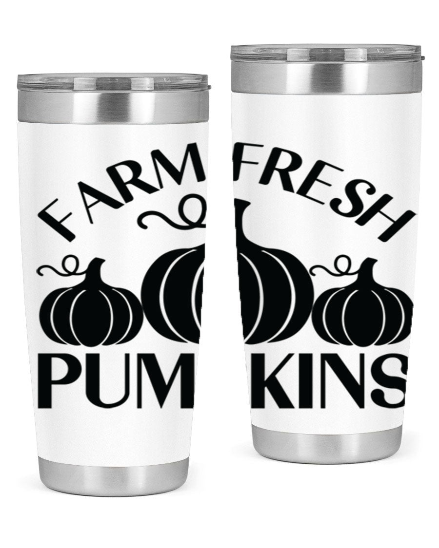 Farm Fresh Pumpkins 20oz tumbler featuring a vibrant pumpkin design, double wall vacuum stainless steel construction, and a drink-thru lid.