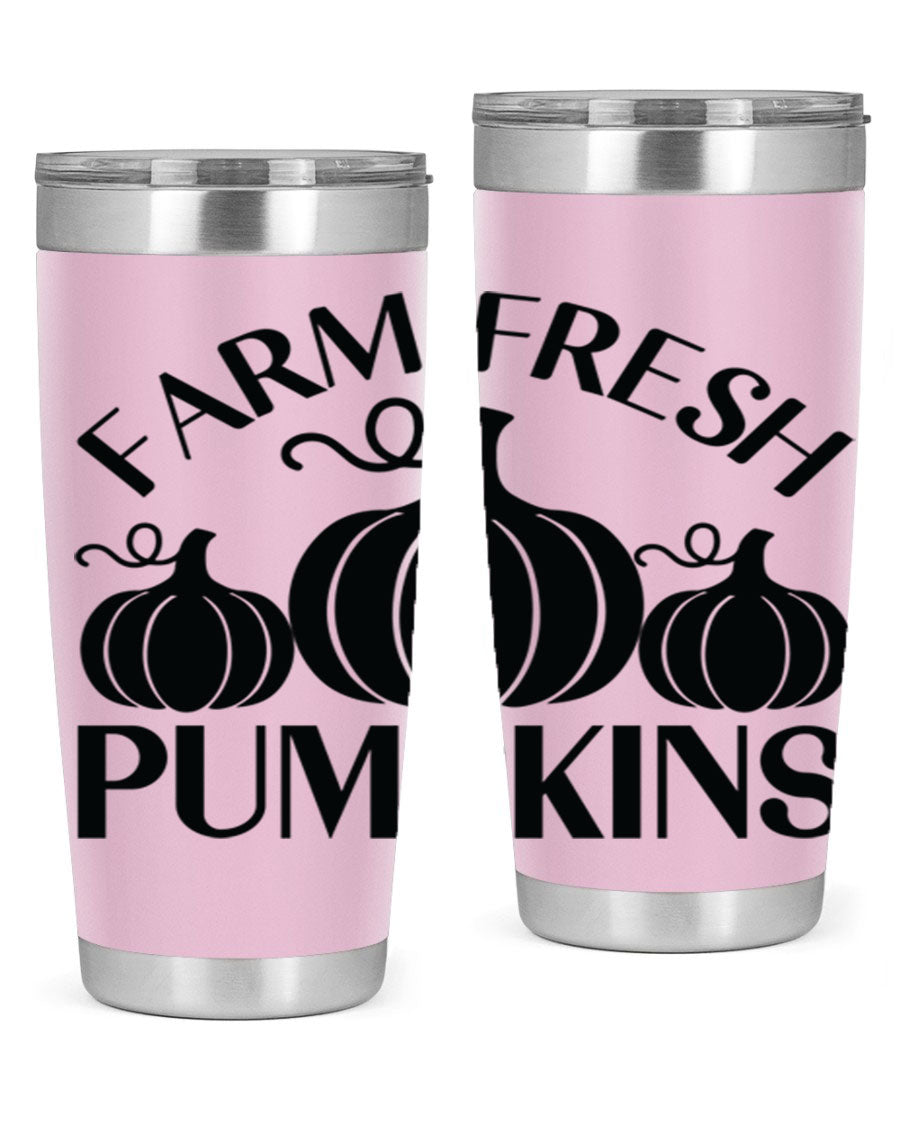 Farm Fresh Pumpkins 20oz tumbler featuring a vibrant pumpkin design, double wall vacuum stainless steel construction, and a drink-thru lid.