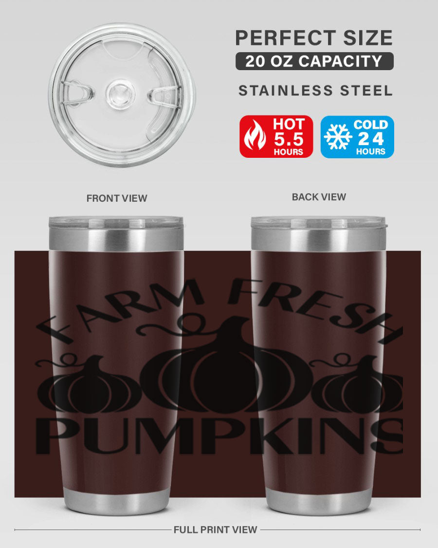 Farm Fresh Pumpkins 20oz tumbler featuring a vibrant pumpkin design, double wall vacuum stainless steel construction, and a drink-thru lid.
