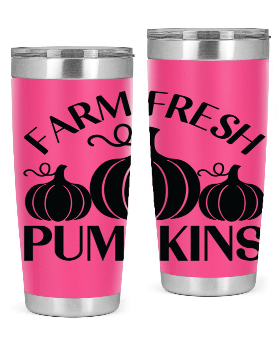 Farm Fresh Pumpkins 20oz tumbler featuring a vibrant pumpkin design, double wall vacuum stainless steel construction, and a drink-thru lid.