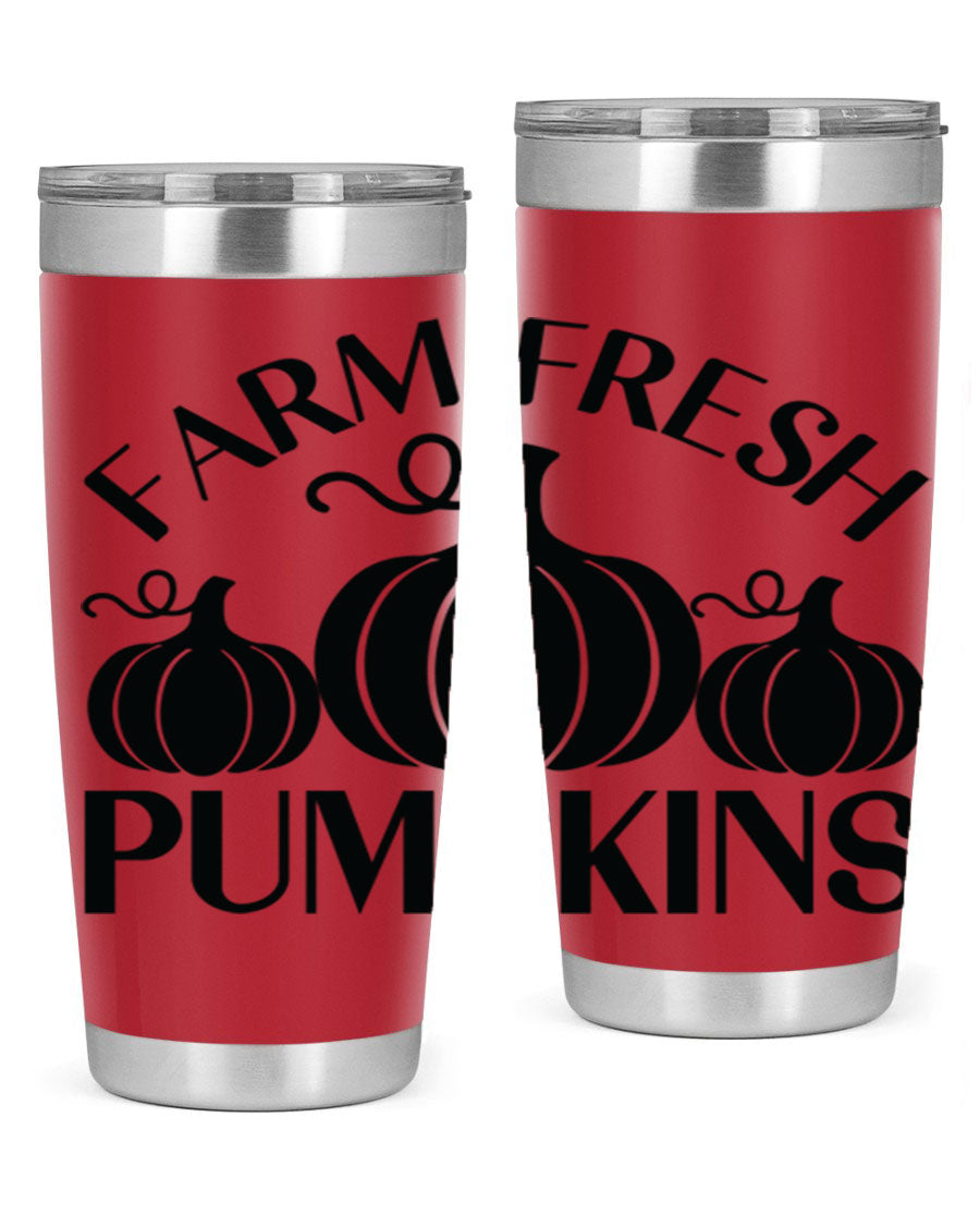 Farm Fresh Pumpkins 20oz tumbler featuring a vibrant pumpkin design, double wall vacuum stainless steel construction, and a drink-thru lid.