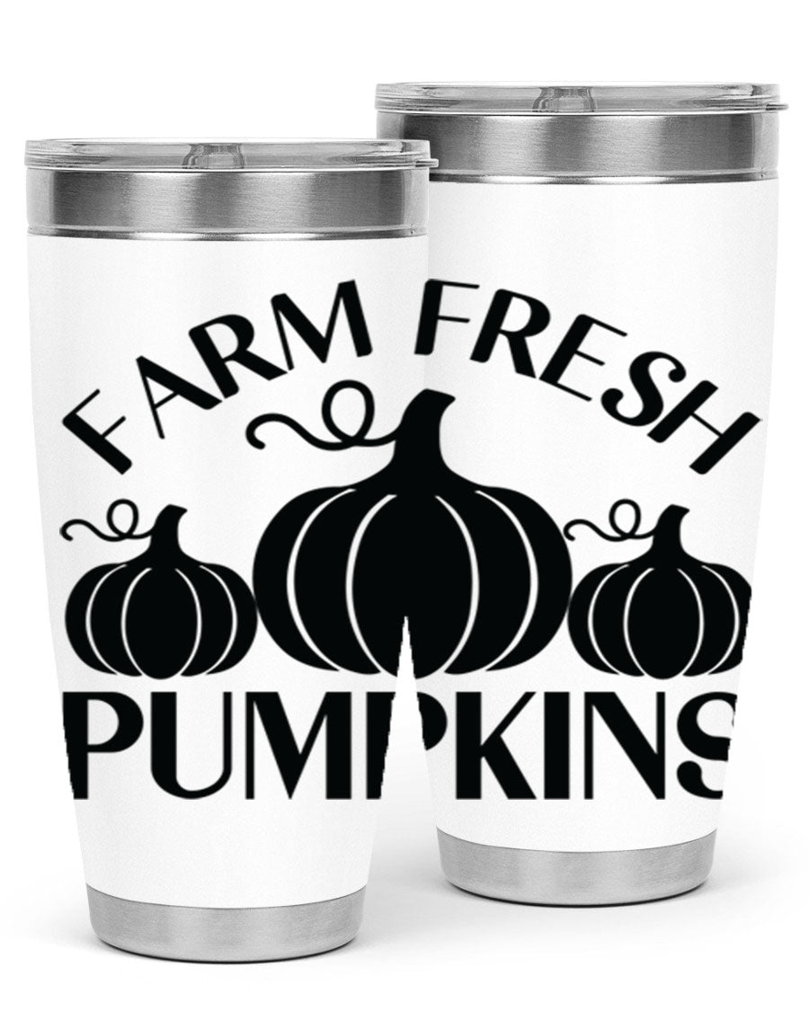 Farm Fresh Pumpkins 20oz tumbler featuring a vibrant pumpkin design, double wall vacuum stainless steel construction, and a drink-thru lid.