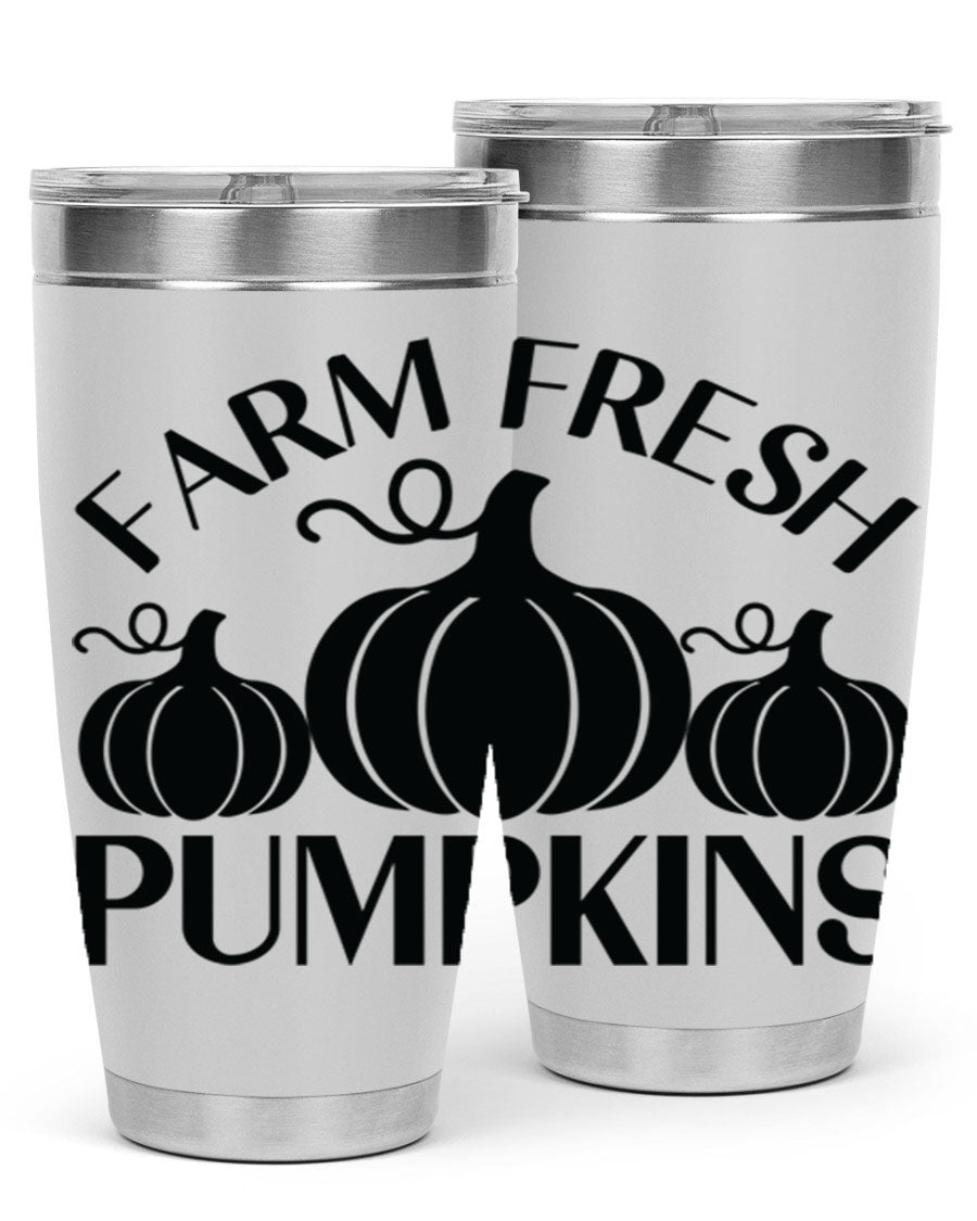 Farm Fresh Pumpkins 20oz tumbler featuring a vibrant pumpkin design, double wall vacuum stainless steel construction, and a drink-thru lid.