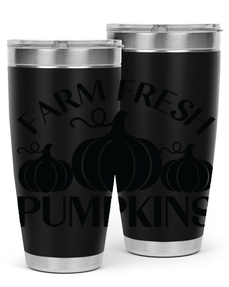 Farm Fresh Pumpkins 20oz tumbler featuring a vibrant pumpkin design, double wall vacuum stainless steel construction, and a drink-thru lid.