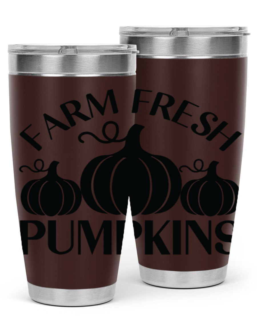 Farm Fresh Pumpkins 20oz tumbler featuring a vibrant pumpkin design, double wall vacuum stainless steel construction, and a drink-thru lid.