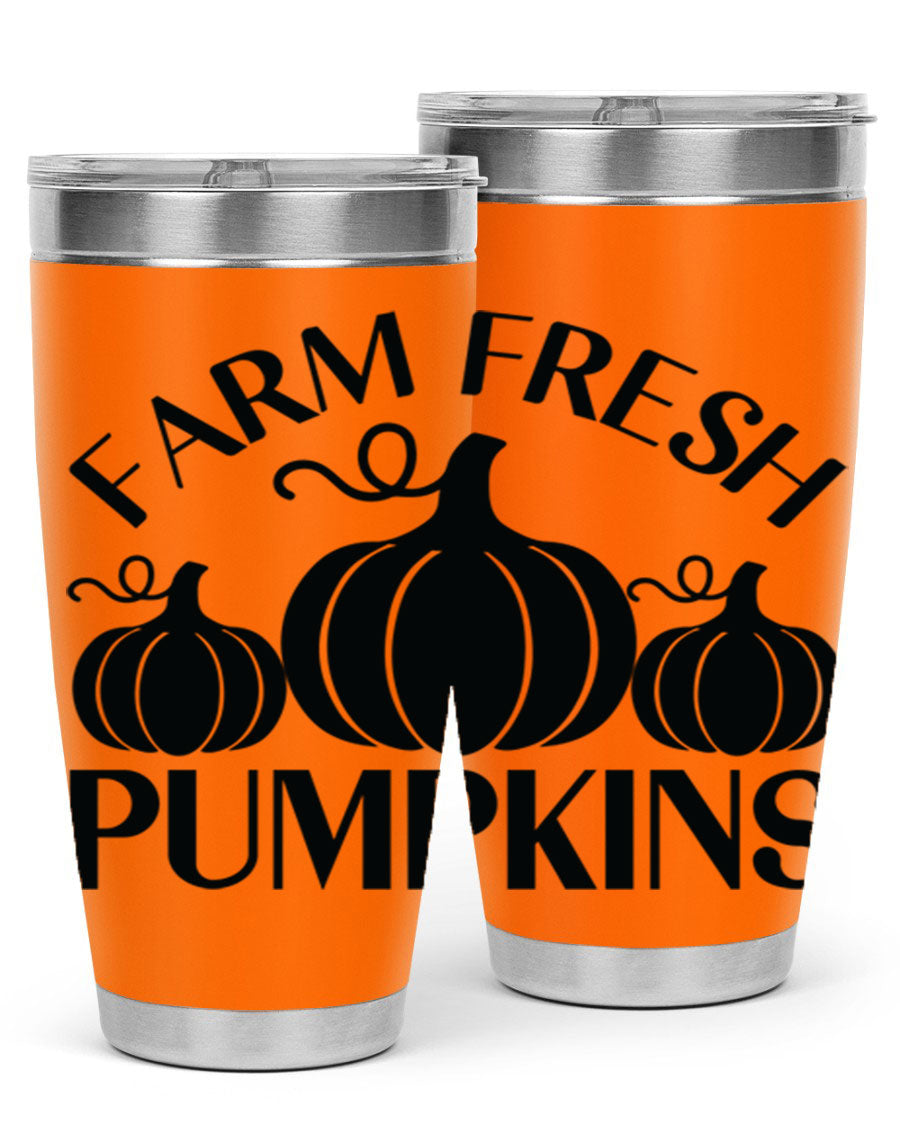 Farm Fresh Pumpkins 20oz tumbler featuring a vibrant pumpkin design, double wall vacuum stainless steel construction, and a drink-thru lid.