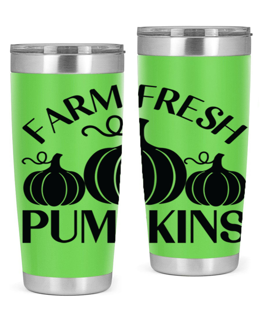 Farm Fresh Pumpkins 20oz tumbler featuring a vibrant pumpkin design, double wall vacuum stainless steel construction, and a drink-thru lid.