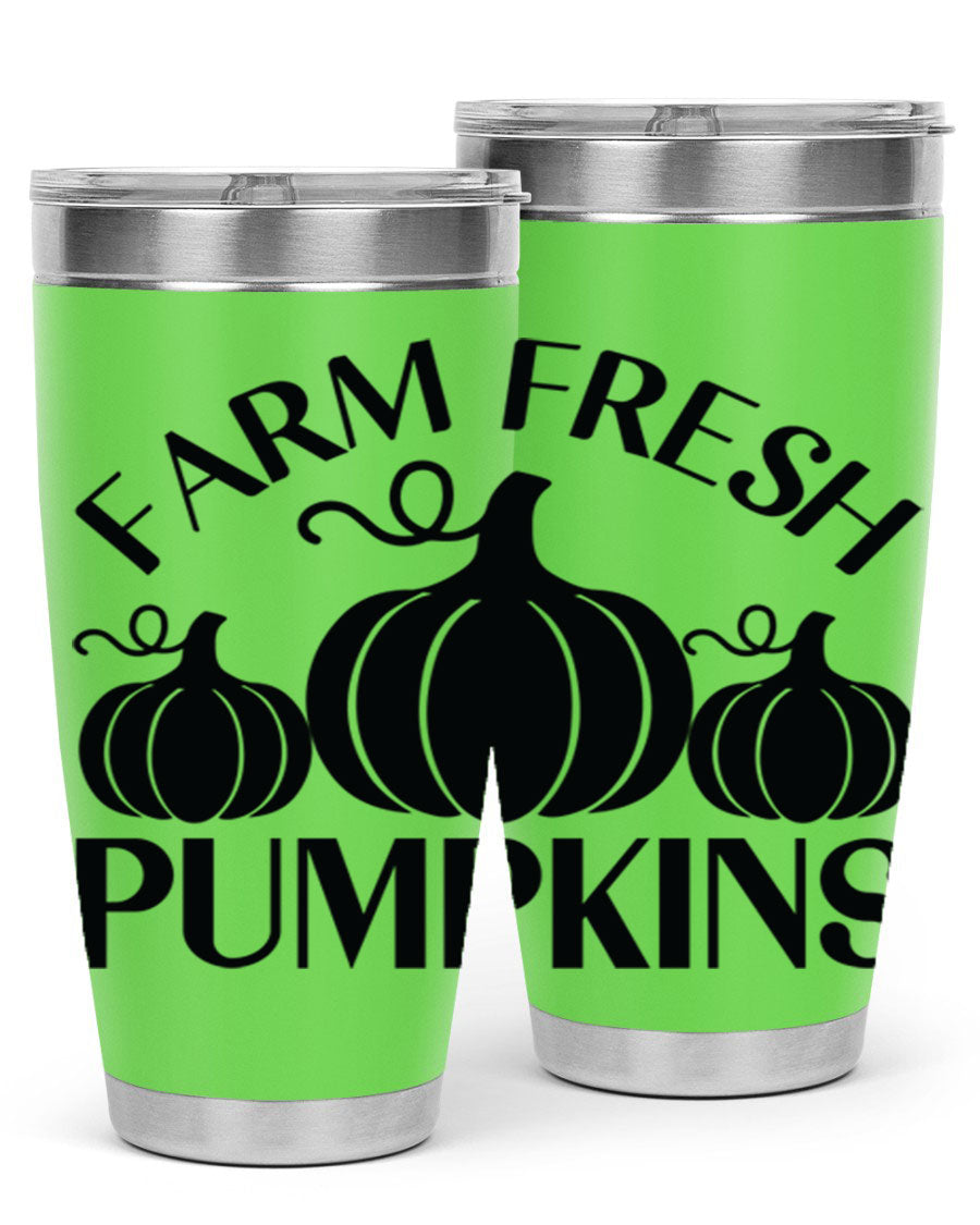 Farm Fresh Pumpkins 20oz tumbler featuring a vibrant pumpkin design, double wall vacuum stainless steel construction, and a drink-thru lid.