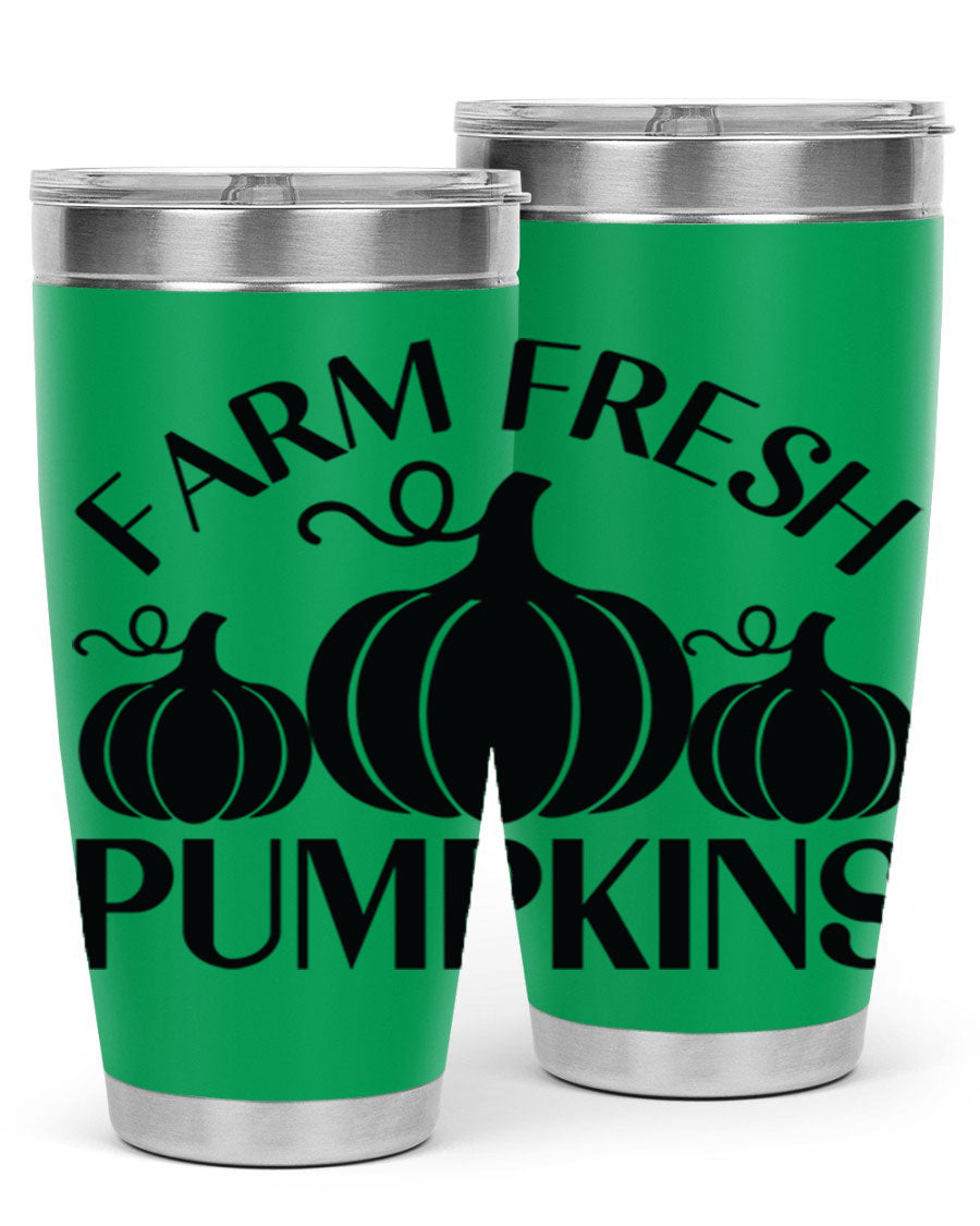 Farm Fresh Pumpkins 20oz tumbler featuring a vibrant pumpkin design, double wall vacuum stainless steel construction, and a drink-thru lid.