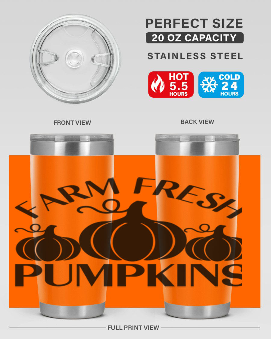 Farm Fresh Pumpkins 20oz tumbler featuring a vibrant pumpkin design, double wall vacuum stainless steel construction, and a drink-thru lid.