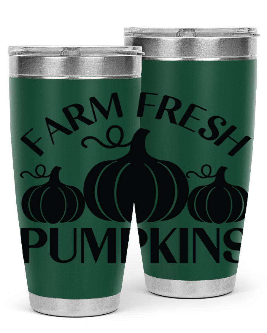 Farm Fresh Pumpkins 20oz tumbler featuring a vibrant pumpkin design, double wall vacuum stainless steel construction, and a drink-thru lid.