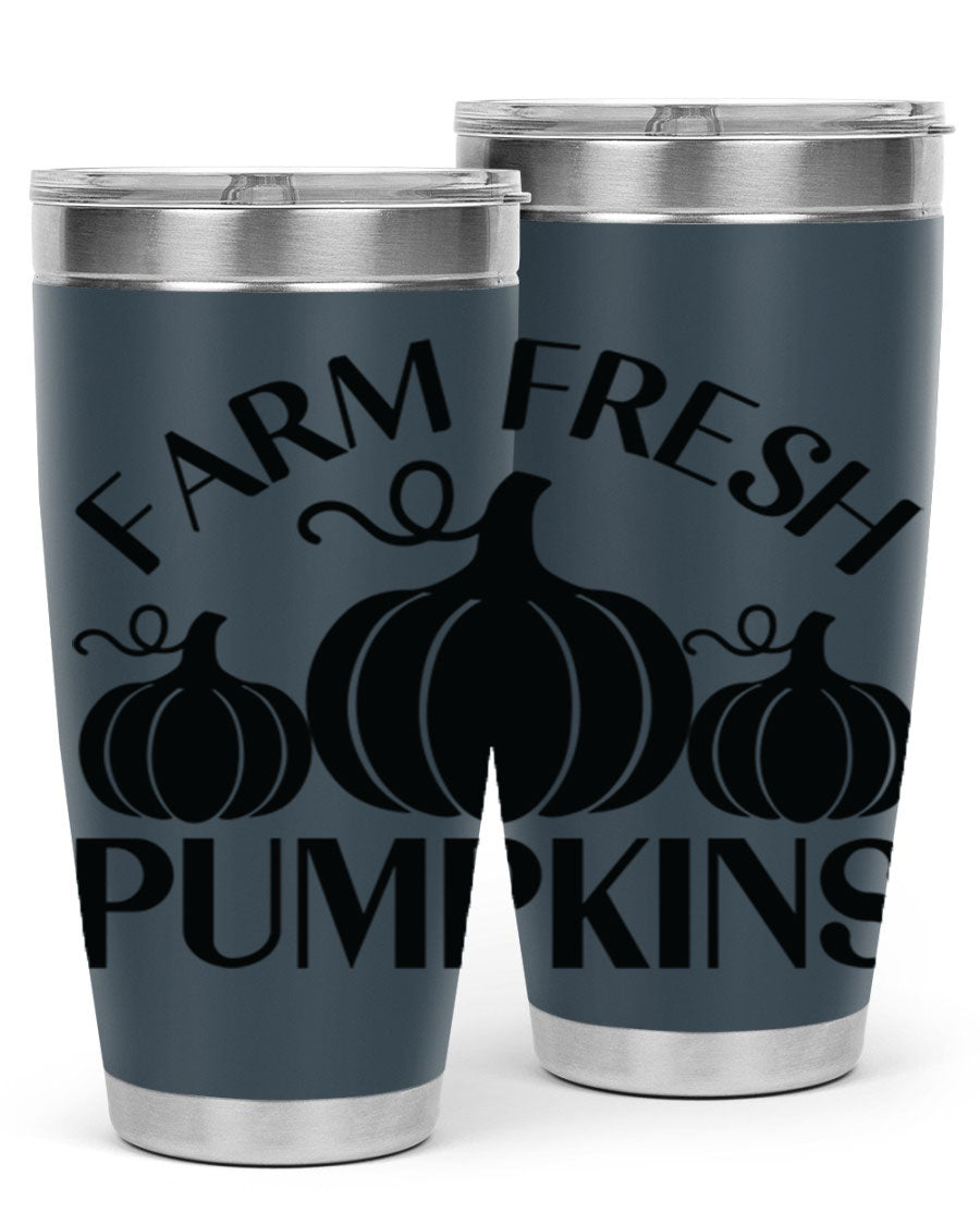 Farm Fresh Pumpkins 20oz tumbler featuring a vibrant pumpkin design, double wall vacuum stainless steel construction, and a drink-thru lid.