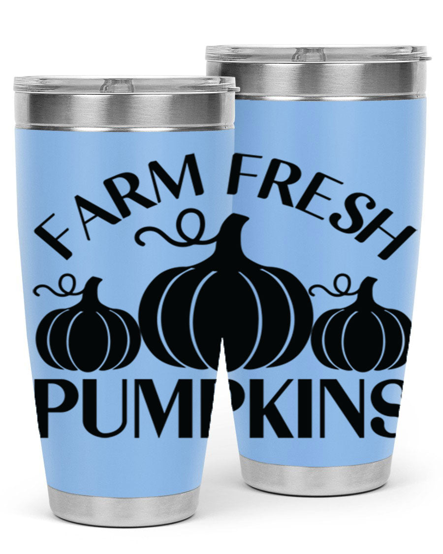 Farm Fresh Pumpkins 20oz tumbler featuring a vibrant pumpkin design, double wall vacuum stainless steel construction, and a drink-thru lid.