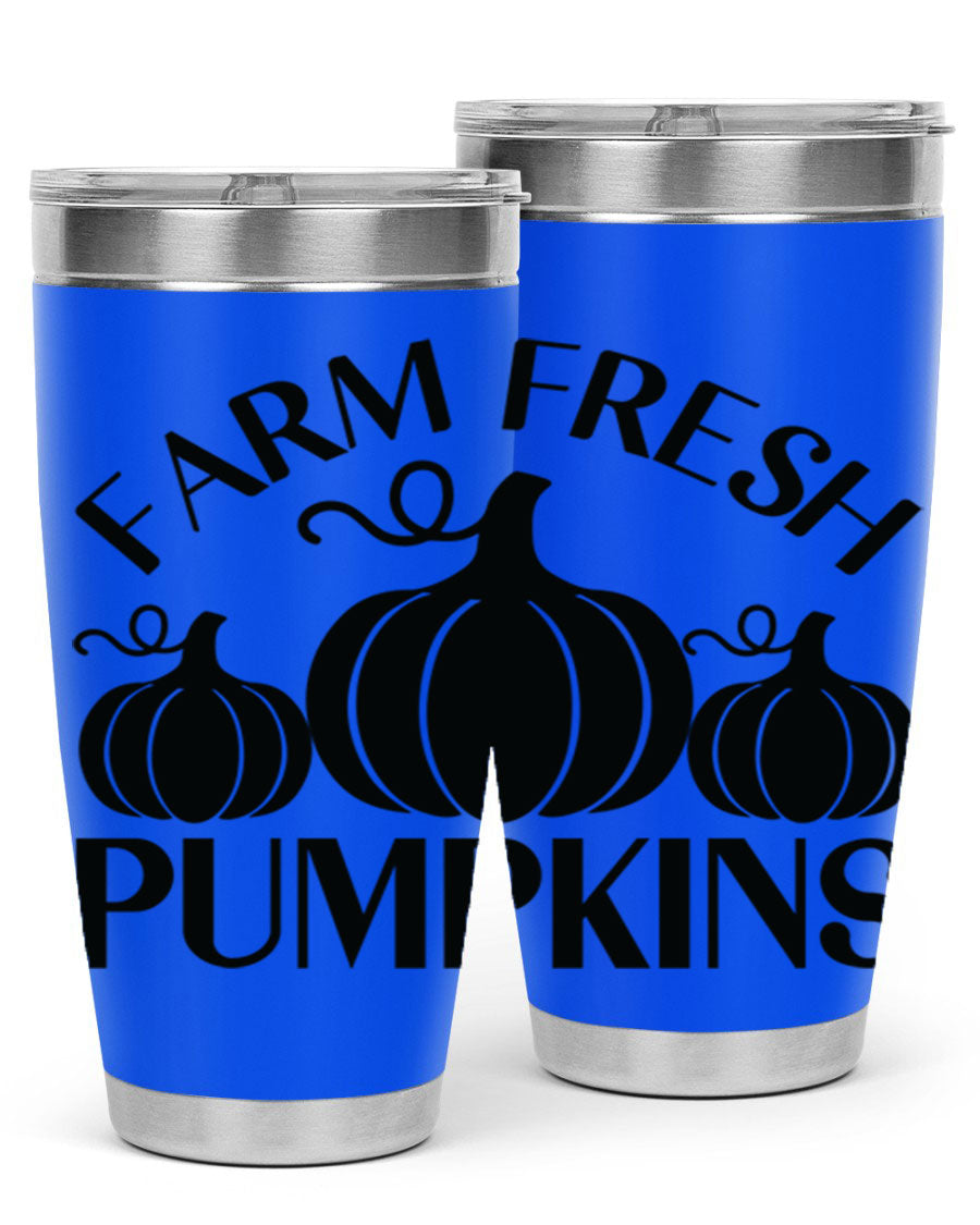 Farm Fresh Pumpkins 20oz tumbler featuring a vibrant pumpkin design, double wall vacuum stainless steel construction, and a drink-thru lid.