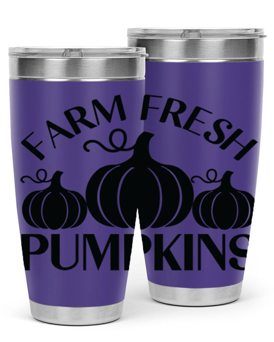 Farm Fresh Pumpkins 20oz tumbler featuring a vibrant pumpkin design, double wall vacuum stainless steel construction, and a drink-thru lid.