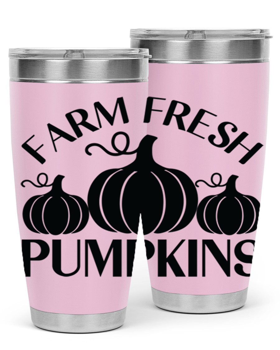 Farm Fresh Pumpkins 20oz tumbler featuring a vibrant pumpkin design, double wall vacuum stainless steel construction, and a drink-thru lid.