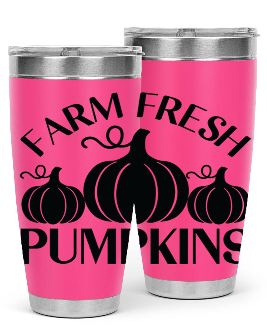 Farm Fresh Pumpkins 20oz tumbler featuring a vibrant pumpkin design, double wall vacuum stainless steel construction, and a drink-thru lid.